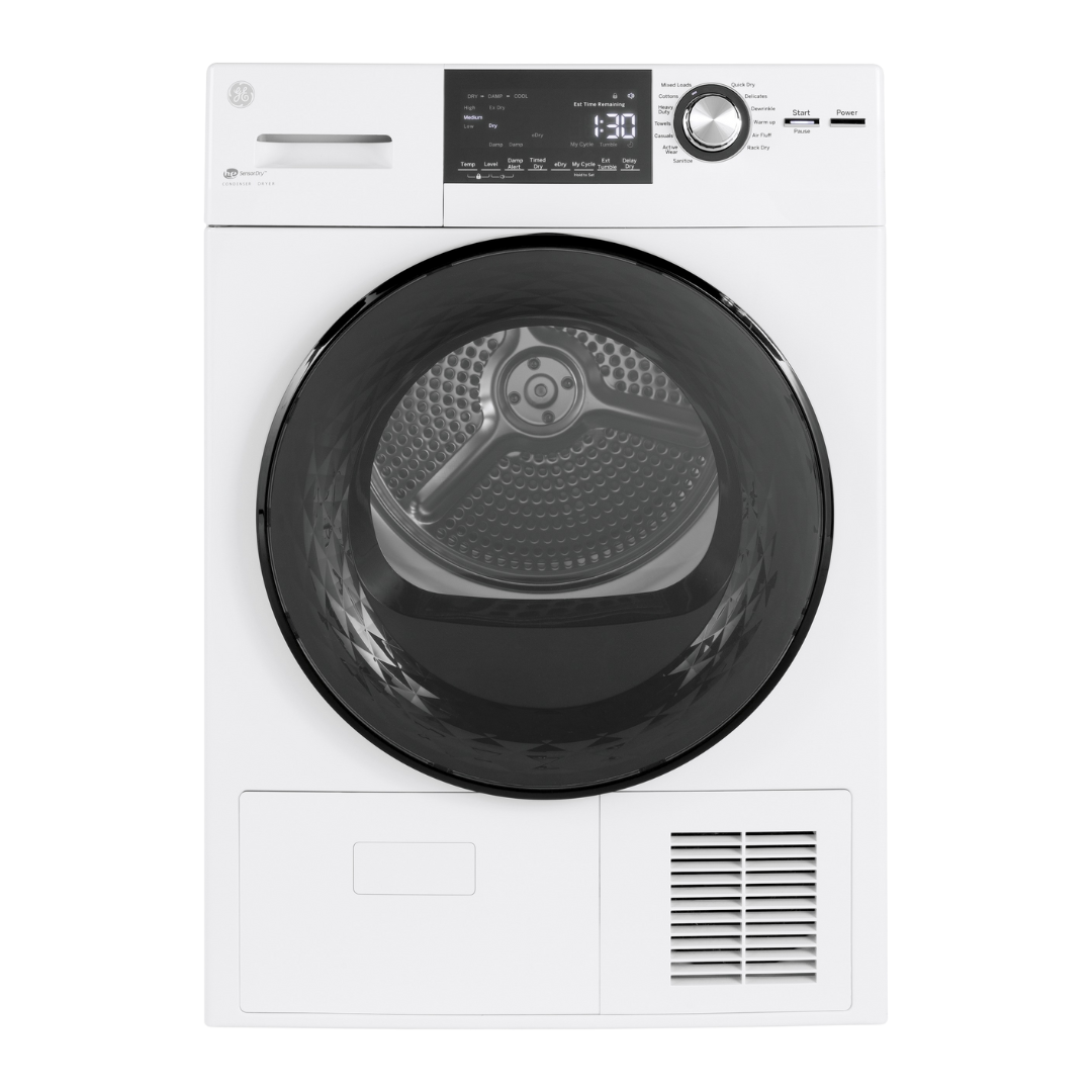 Ensemble laveuse/sécheuse à condensation frontal 24″ GE (déballé)