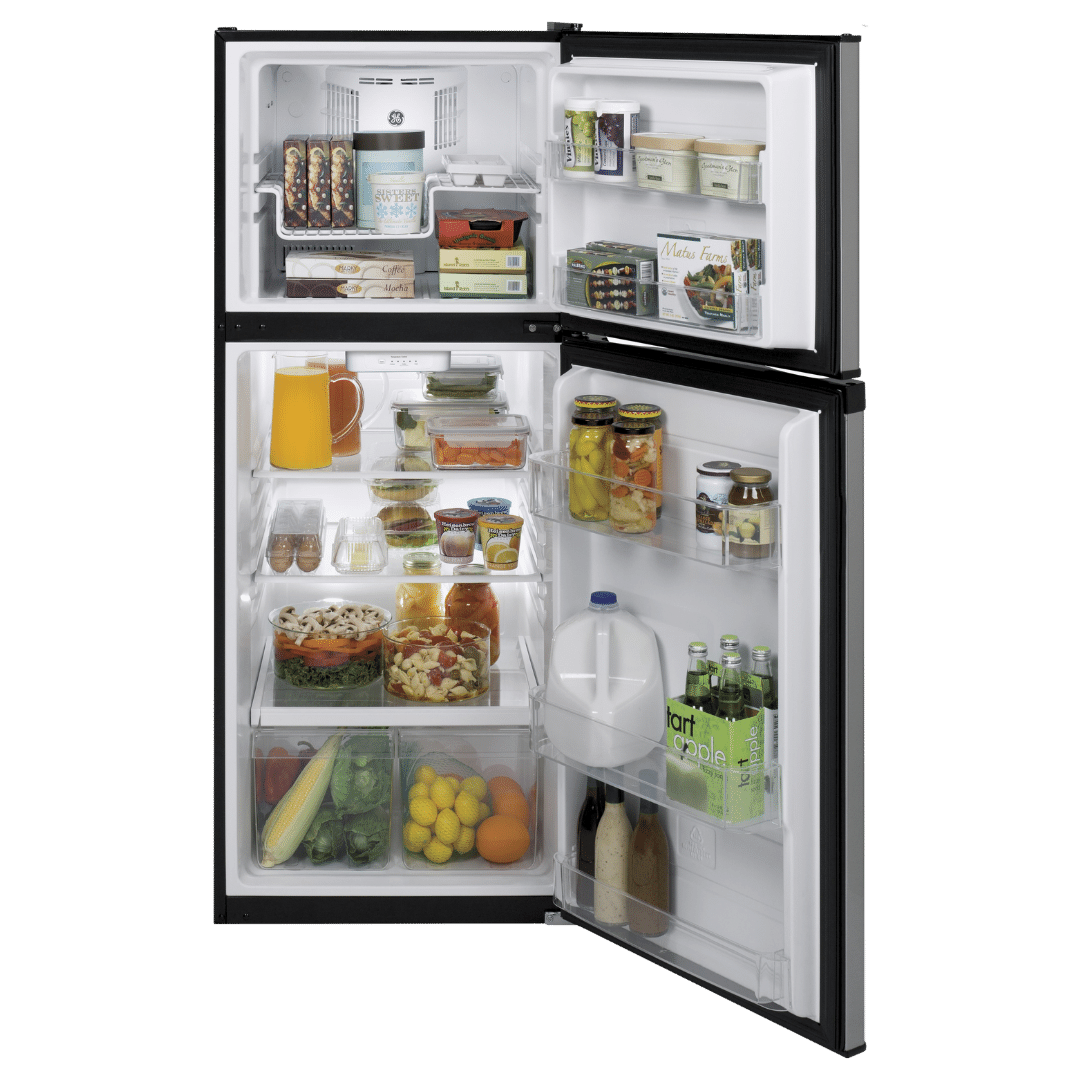 Réfrigérateur à congélateur supérieur 24 po de large 12 pi³ GE inox (déballé)