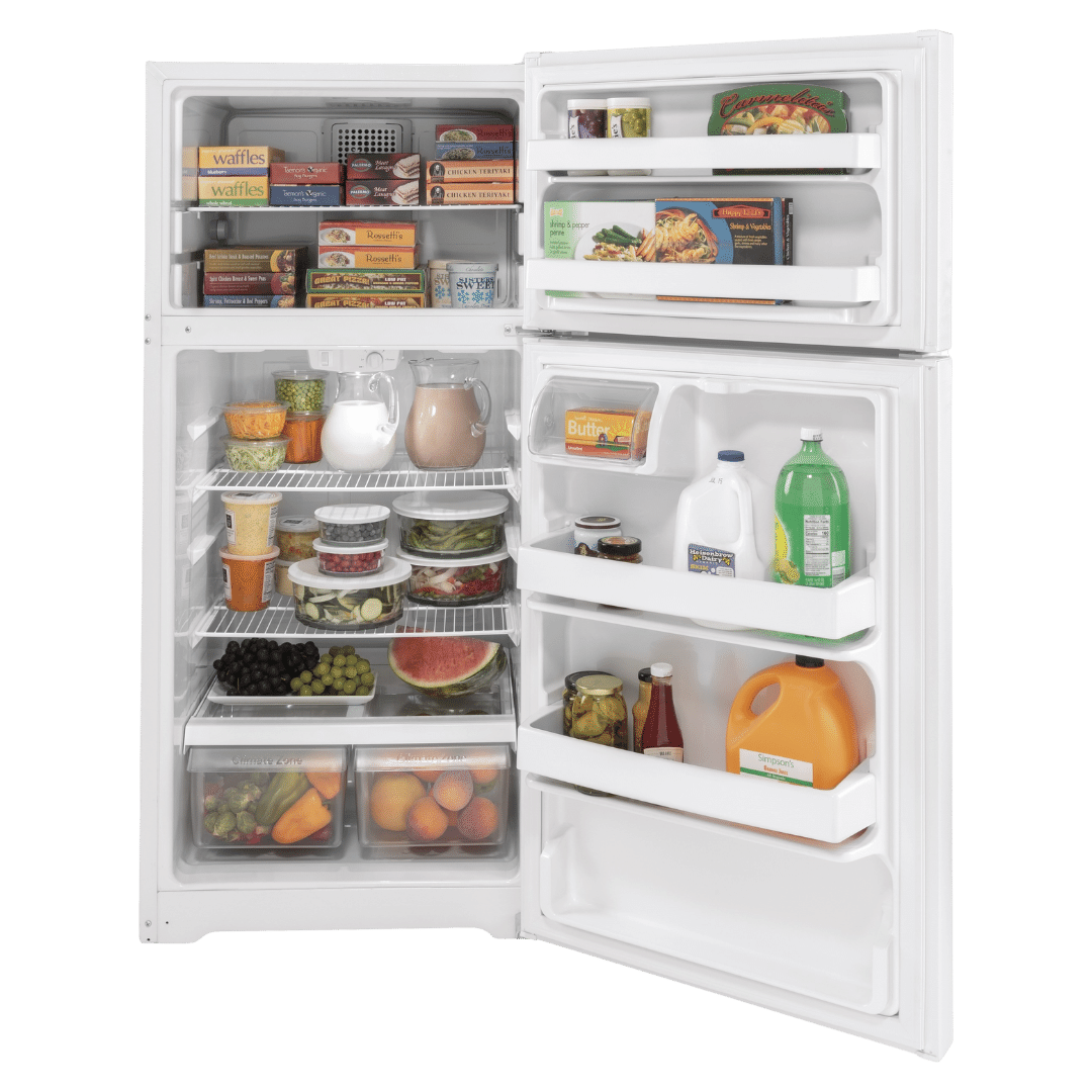 GE 15.6 cu ft Top-Freezer Refrigerator in White (Open Box), 28 in