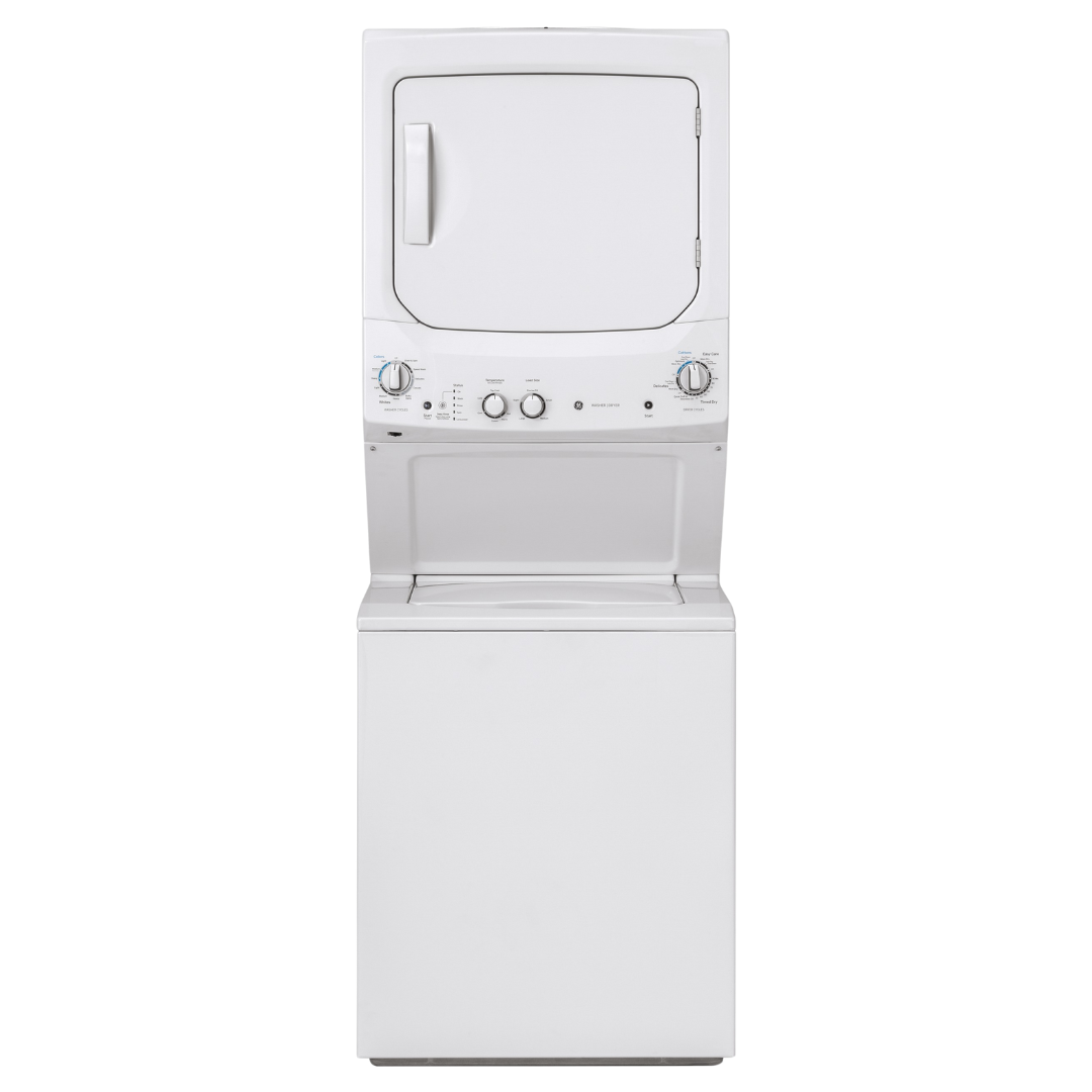 Buanderie superposée laveuse & sécheuse électrique 24″ GE blanc (déballé)