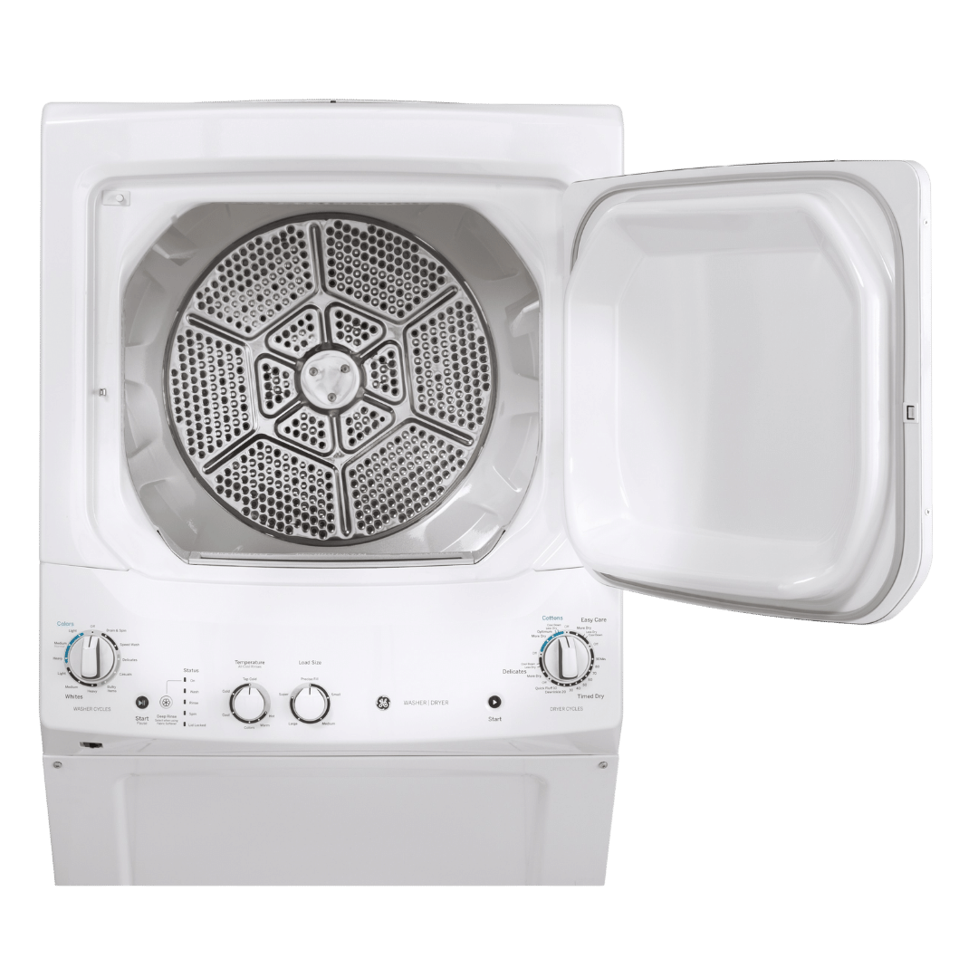 Buanderie superposée laveuse & sécheuse électrique 24″ GE blanc (déballé)