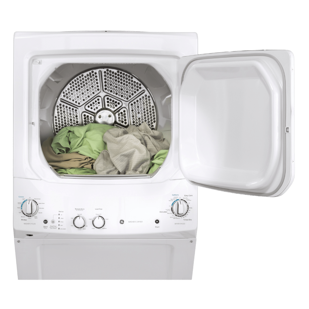 Buanderie superposée laveuse & sécheuse électrique 24″ GE blanc (déballé)