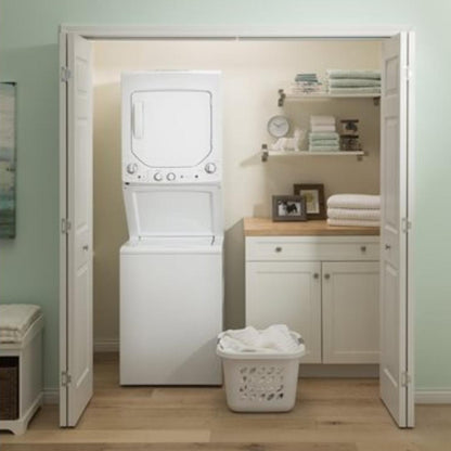 Buanderie superposée laveuse & sécheuse électrique 24″ GE blanc (déballé)