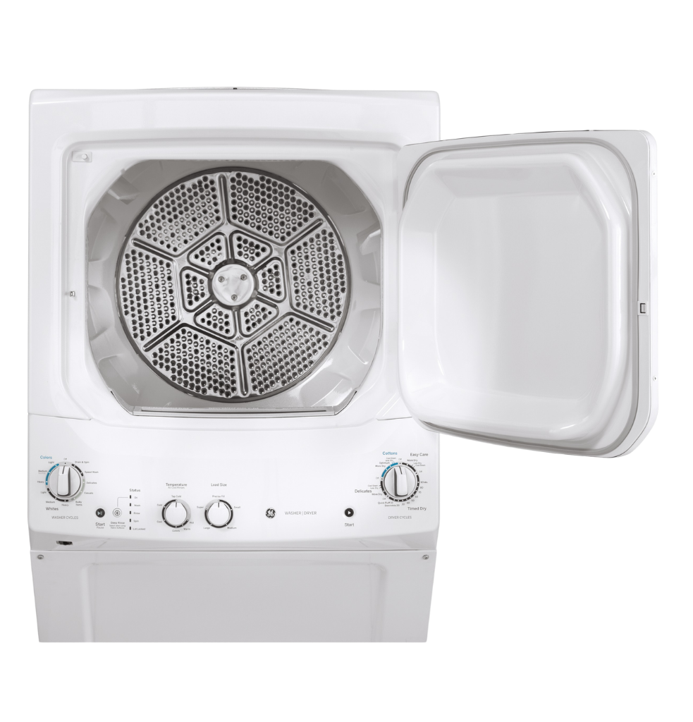 Buanderie superposée laveuse & sécheuse électrique 27″ GE blanc (déballé)