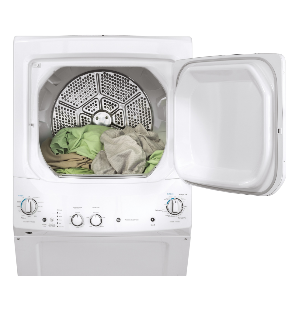 Buanderie superposée laveuse & sécheuse électrique 27″ GE blanc (déballé)