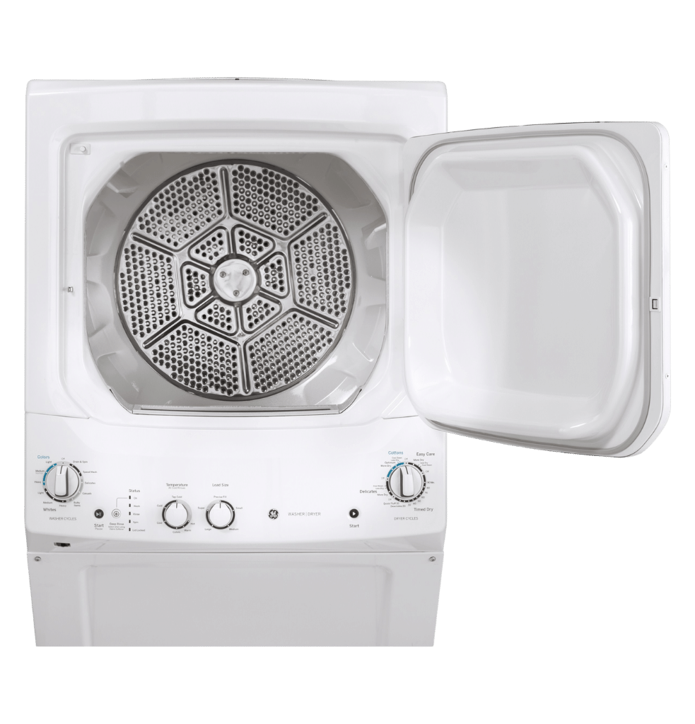 Buanderie superposée laveuse & sécheuse au gaz 27″ GE blanc (déballé)