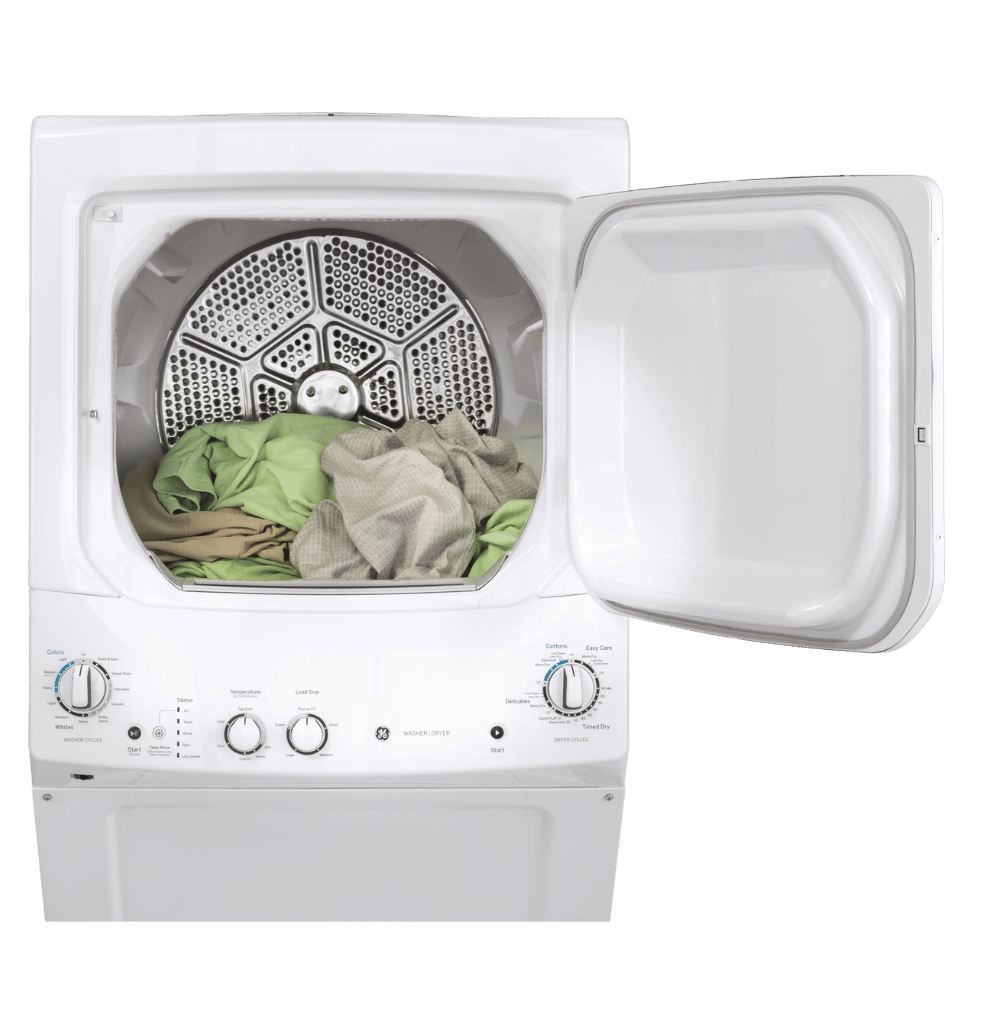 Buanderie superposée laveuse & sécheuse au gaz 27″ GE blanc (déballé)