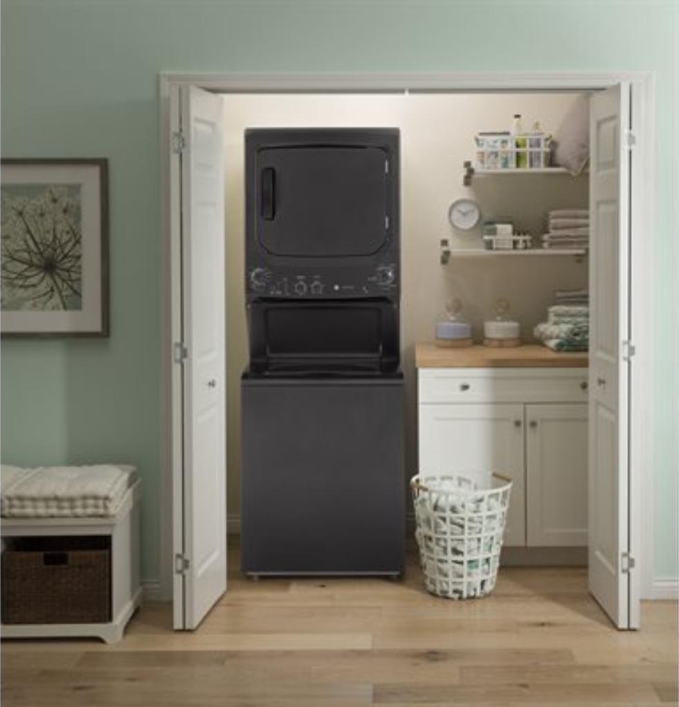Buanderie superposée laveuse & sécheuse électrique 27″ GE gris diamant (déballé)