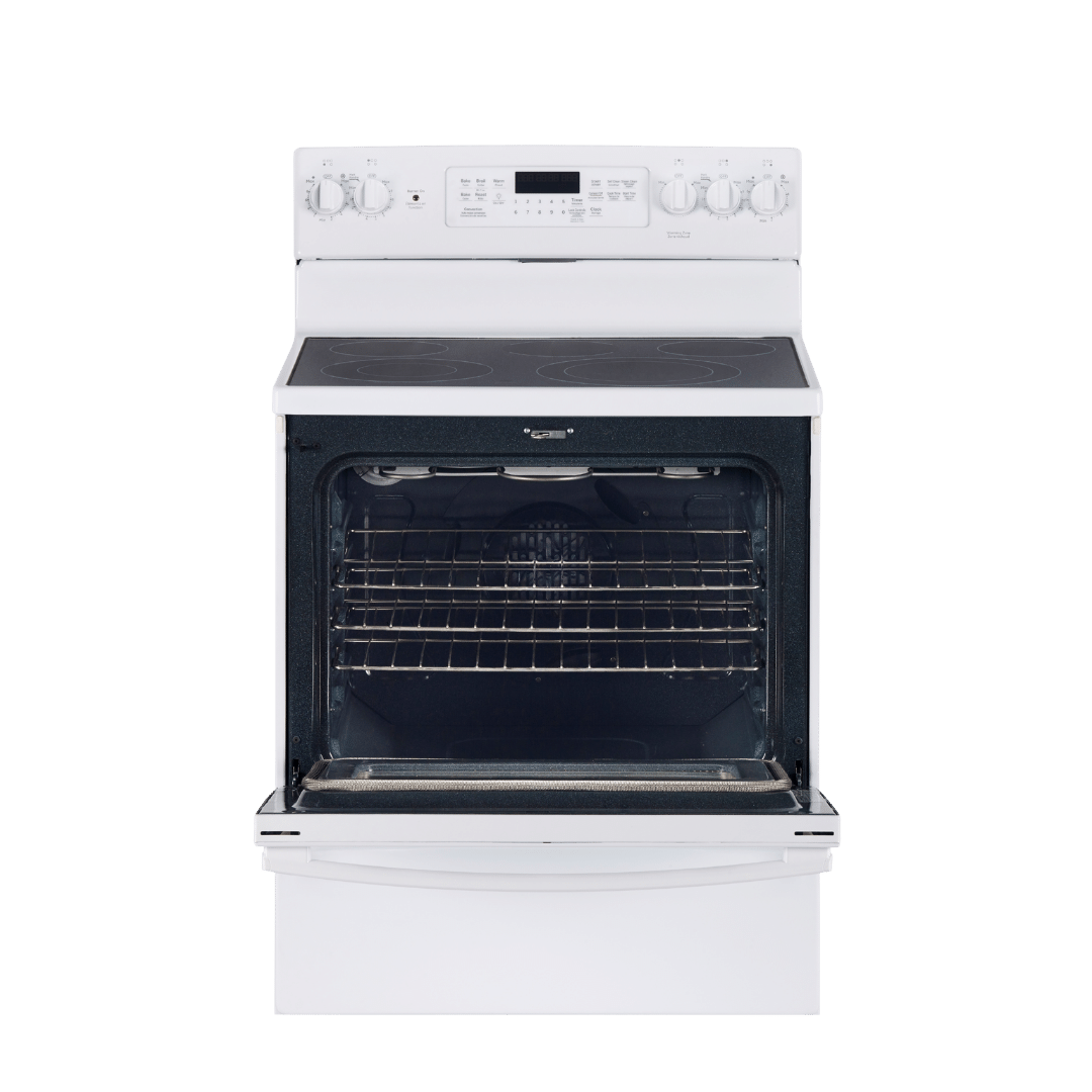 Cuisinière électrique à convection véritable 30″ GE avec four de 5 pi³ blanche (déballée)